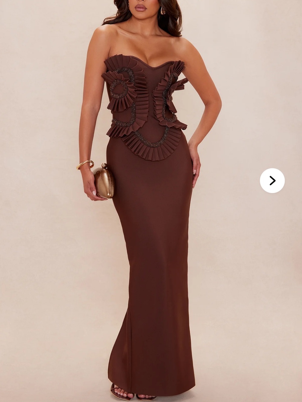 Strapless Chocolate Brown Ruffle-Accent Evening Gown